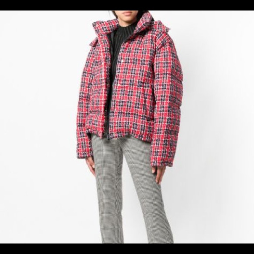 Tweed Puffy Coat Red Black M
